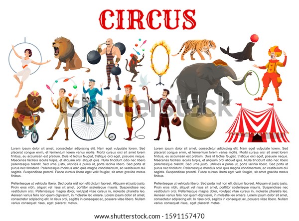 Circus entertainment show animal tamers, clowns and\
equilibrists, magician illusionist and muscleman. Vector big top\
circus lion in fire ring, elephant balancing on ball and monkey\
juggling pins