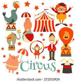 Circus Entertainment Symbols Icons Set. Cartoon Style. Circus Animals and Characters. Vector Illustration.