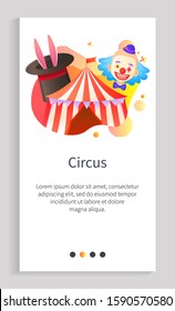 Circus entertainment vector, tent with entrance and clown with make up, top hat with bunny ears and tricks of magicians, recreation for kids. Website or app slider template, landing page flat style