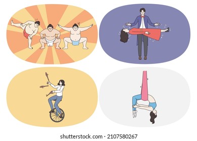 Circus entertainment and workers concept. Set of young people sumo fighters magician with flying woman juggler on wheel and flying gymnast during show vector illustration 