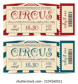 Circus entrance ticket template design in retro vintage style with marquee tent on background and tear-off or detachable part and barcode. Vector illustration of circus show entrance talon or coupon.