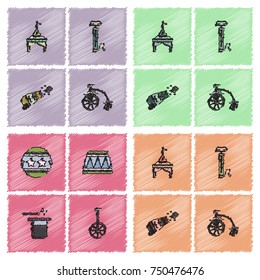 Circus equipment Icons in Hatching style