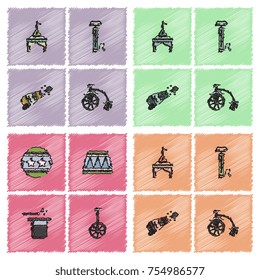 Circus equipment Icons in Hatching style