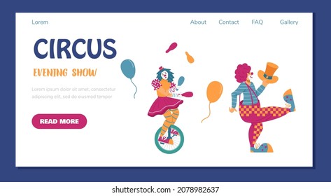 Circus evening show website banner mockup flat vector illustration. Circus entertainment and performance advertising landing page or web banner template.