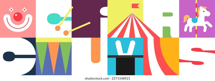 Circus event banner with festive marquee and bold typography. Colorful carnival poster featuring tent, lights and playful design. Perfect for fair, party invitation or entertainment announcement