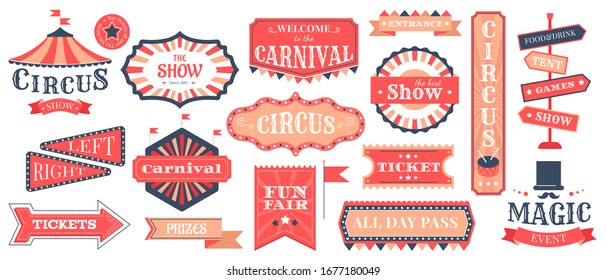 Circus event labels. Carnival magic show elements, vintage fair frames and circus signs, retro festival templates vector illustration set. Circus entertainment and carnival, show announcement