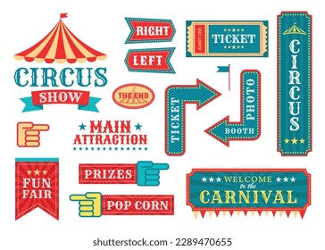 Circus event labels. Carnival magic show elements, retro festival templates vector illustration set, vintage fair frames and circus signs