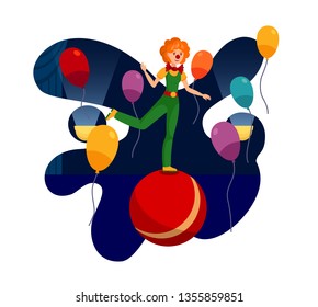 Circus Event, Show Night Flat Color Illustration. Young Woman in Joker Outfit and Funny Wig Cartoon Character. Smiling Harlequin Performing Stunt, Trick with Big Ball. Clown Stage Performance