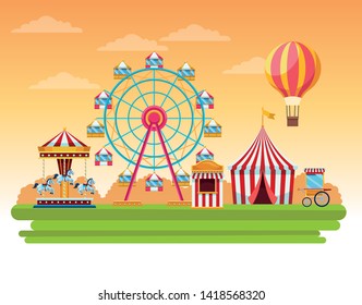 Circus fair festival scenery with big wheels and hot air balloon cartoon vector illustration graphic design