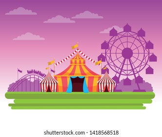 Circus fair festival scenery with tents and big wheel cartoon vector illustration graphic design