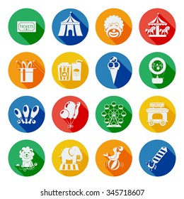 Circus and fairground icons flat long shadow set isolated vector illustration