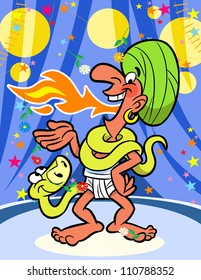 At the circus fakir juggle with fire and snake. Illustration done on separate layers in a cartoon style.