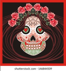 Circus female design template with magician skull, sugar skull, print for t-shirt (vector illustration).