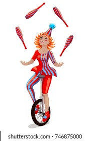 Circus Female Juggler On A Unicycle Isolated On White Background. Vector Illustration