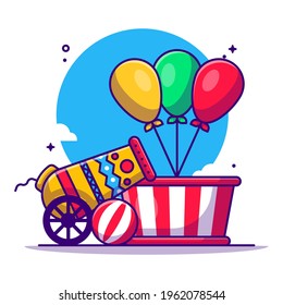 Ilustración de dibujos animados de elementos de circo y festival. El circo y el Festival Icono Concepto Blanco aislado. Estilo de caricatura plano adecuado para la página de aterrizaje web, pancarta, etiqueta y fondo