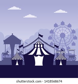 Circus festival fair scenery with attraction silhouettes blue and white colors vector illustration graphic design