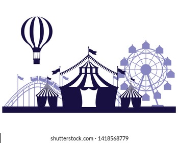 Circus festival fair scenery with attraction in blue silhouettes vector illustration graphic design