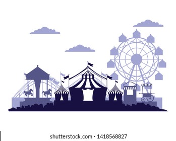 Circus festival fair scenery with attraction in blue silhouettes vector illustration graphic design