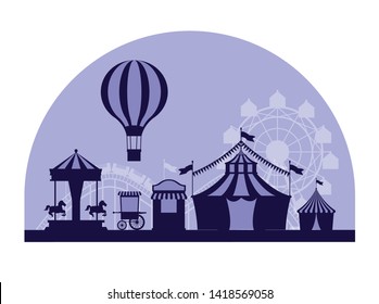 Circus festival fair scenery with attraction in blue silhouettes vector illustration graphic design