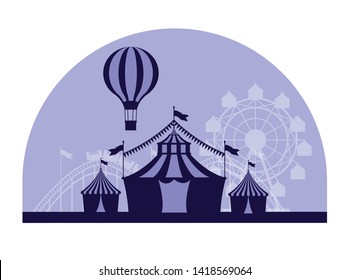 Circus festival fair scenery with attraction in blue silhouettes vector illustration graphic design