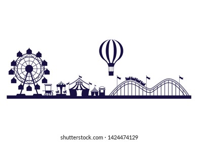 Circus festival fair scenery with attraction in blue silhouettes vector illustration graphic design