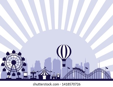 Circus festival fair scenery with fun atracttions on striped background vector illustration graphic design