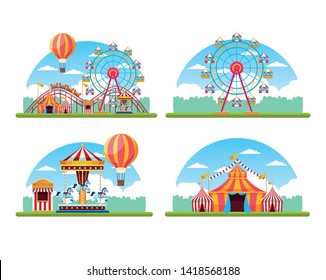 Circus festival fair scenery set of carrousel tents and big wheels vector illustration graphic design