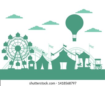 Circus festival fair silhouette scenery with tents hot air balloons and big wheel vector illustration graphic design