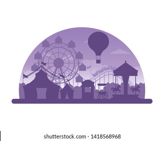 Circus Festival Fair Silhouette Scenery With Tents Hot Air Balloons And Big Wheel Vector Illustration Graphic Design