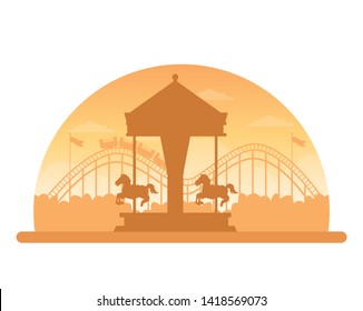 Circus festival fair silhouette scenery carrousel and roller coaster vector illustration graphic design