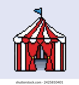 Carpa roja y blanca del festival del circo con la bandera azul. Dibujo de ilustración vectorial estilo juego retro de bits de píxeles. Dibujo de dibujos animados plano simple aislado sobre fondo cuadrado.