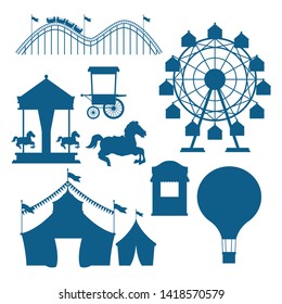 Circus and festival set of blue silhouettes cartoons vector illustration graphic design