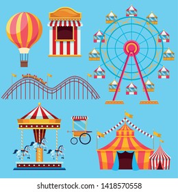 Circus and festival set of icons cartoons on blue background vector illustration graphic design