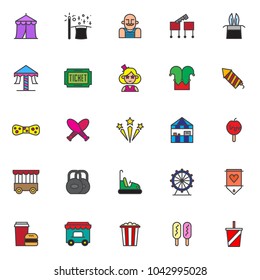 Circus filled outline icons set, line vector symbol collection, linear colorful pictogram pack. Signs, logo illustration, Set includes icons as magic wand and magic hat, strongman , juggling skittles