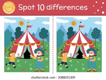 Circus find differences game for children. Educational activity with cute clown, marquee, boy with ticket. Amusement show puzzle for kids with funny scene. Entertainment festival printable worksheet
