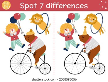 Circus find differences game for children. Educational activity with bear on bike, clown, lion. Amusement show puzzle for kids with funny animal artists. Festival printable worksheet or page
