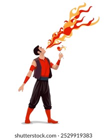 Circus fire eater character or performer of funfair carnival, cartoon vector. Circus entertainer man with fire eating trick for kids circus entertainment show and amusement park carnival performance