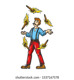 Circus fire juggler performer engraving vector illustration. Scratch board style imitation. Black and white hand drawn image.