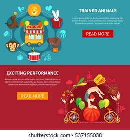 Circus flat banner set with animals and acrobats isolated vector illustration