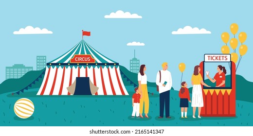 Circus flat composition with traveling tent and ticket booth vector illustration