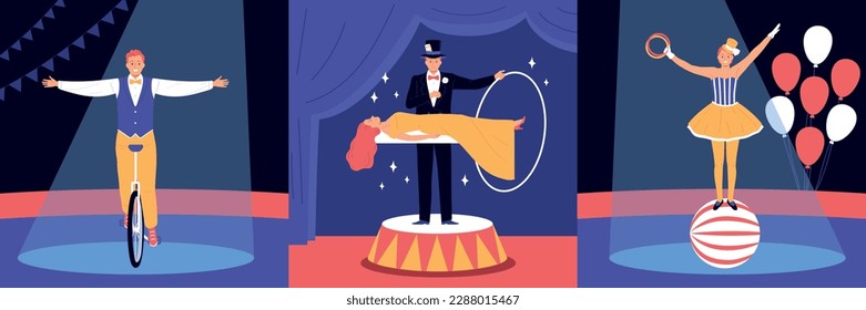 Circus flat concept set with magician and acrobat performers vector illustration