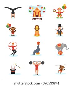 Circus flat design carnival fun fair icons set