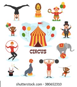 Colección de diseño plano de circo con feria de diversión de carnaval e iconos conjuntos