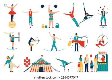 Circus flat icons set with professional atrists and performers isolated vector illustration