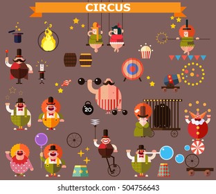 Circus flat vector illustrations set with food, clowns, tricks and circus stuff.  Vector flat icon set, badge and illustrations