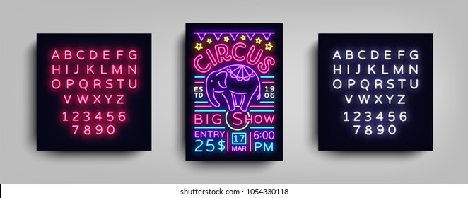 Circus flyer in neon style. Circus show with elephant neon sign poster, banner, neon brochure, typography design template, light night advertising Circus. Vector Illustrations. Editing text neon sign