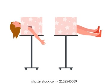 Circus focus cutting woman in half. Magician wizard trick with assistant vector illustration svg