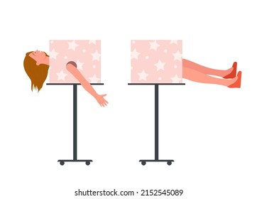 Circus focus cutting woman in half. Magician wizard trick with assistant vector illustration