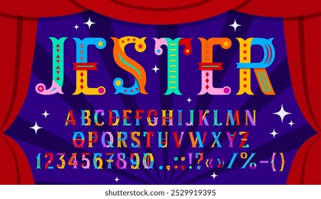 Circus font, carnival fancy type, retro craft typeface, entertainment english alphabet letters and numbers. Abc characters font vector typography with circus, fun fair carnival or amusement park tent