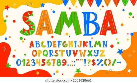 Circus font, doodle cute type, carnival typeface, kids funny english alphabet letters and numbers on confetti vector background. Funny color abc characters and symbols with circus carnival pattern